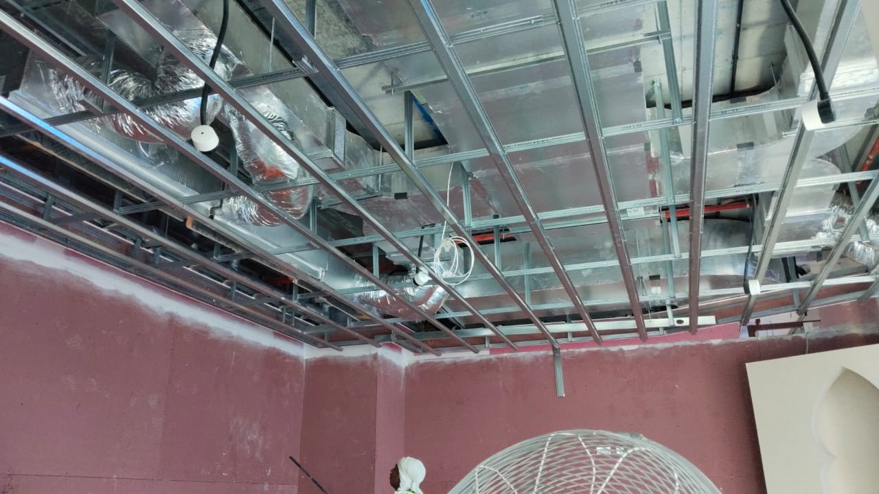 MEP and ceiling works in progress at the DU Call Center fit-out in Fujairah