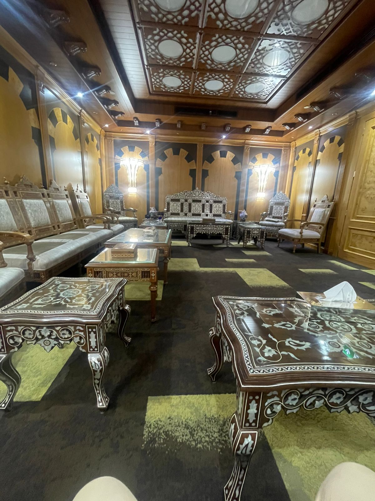 Ornate majlis lounge with custom mother-of-pearl inlaid joinery, a Trefina Interiors project